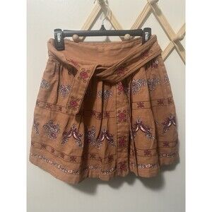 NWT Anthropologie Meghan Embroidered Size 4 Orange Faux Wrap Belted Mini Skirt